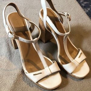 Coach White Leather T-Strap Block Heel Sandals with Cork Heel